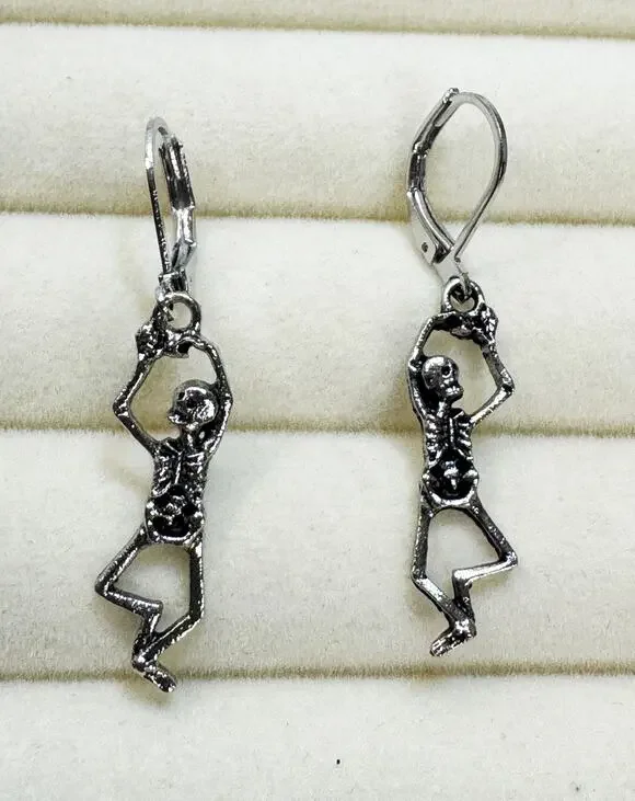 Halloween Skeleton Dangle Earrings Silver Tone Leverback Gothic Spooky 1.5