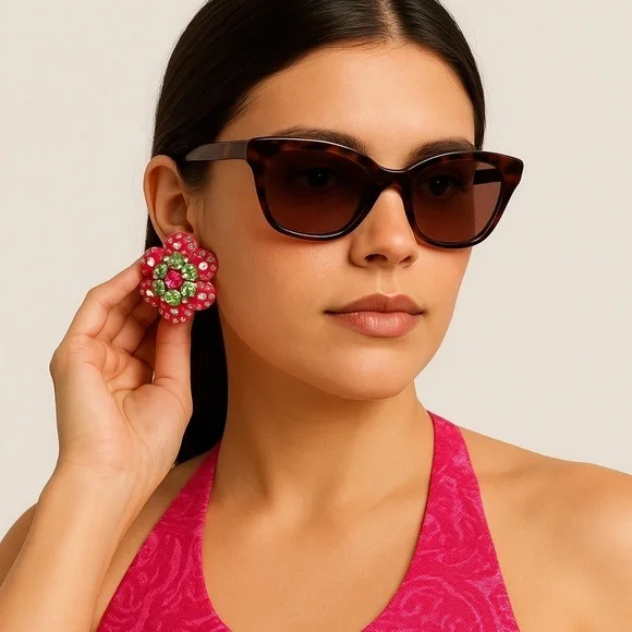 Earrings. Hot Pink & Lime Green Crystal Floral Statement Earrings – 2” x 2”