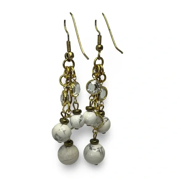 Gold and White Stone Crystal Dangle Earrings