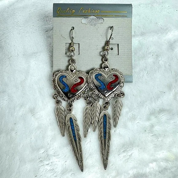 Native American Southwestern Silver Turquoise Inlay Heart & Feather Earrings