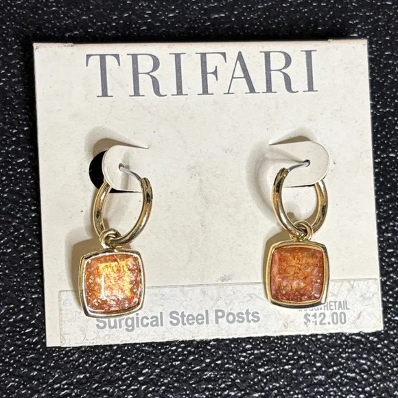 NWT Trifari Surgical Steel Posts Dangle Small Hoop Square Earrings