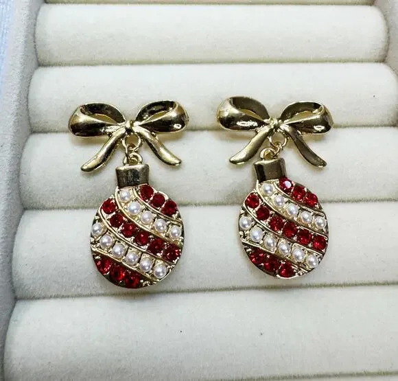 Christmas Ornament Bow Earrings Gold Tone Red Rhinestone Faux Pearl Posts 1.5