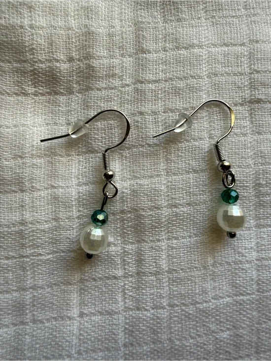 Sterling Silver Disco Ball Pearl,Emerald Crystal Drop Earrings- Elegant Dangle