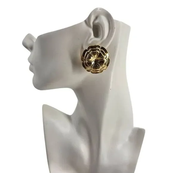 Vintage Gold-Tone Floral Clip-On Earrings | Sculptural Statement Earrings