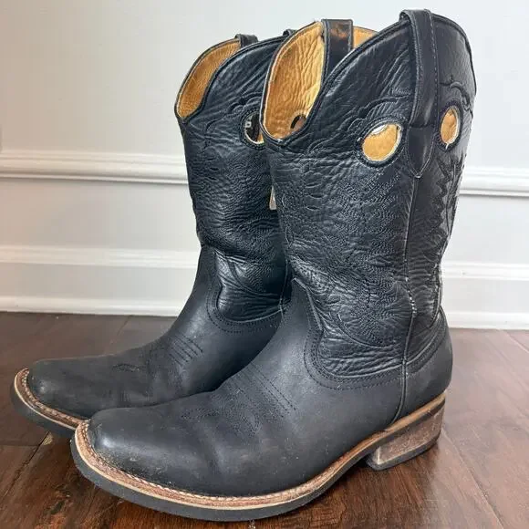 Potrero Leather Cowboy Boots Black Western Square Toe Rodeo Men's 8.5