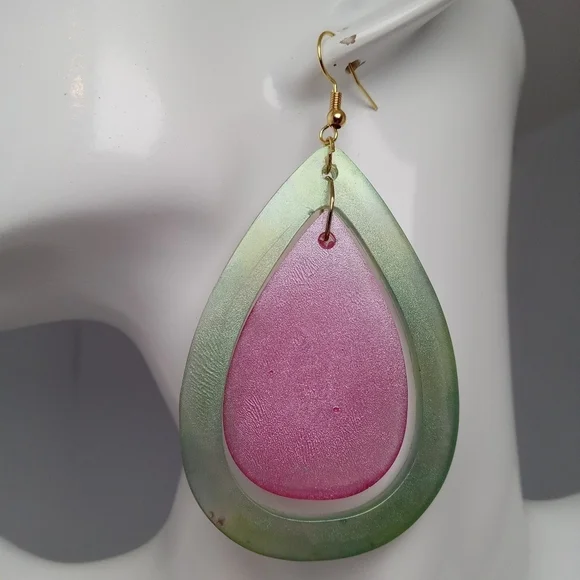 Pink and green resin earrings