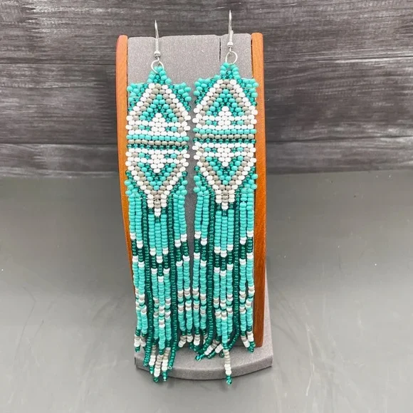 Vintage VTG Glass‎ Seed Beaded Brick Stitch Cultural Bohemian Tesseled Fringe