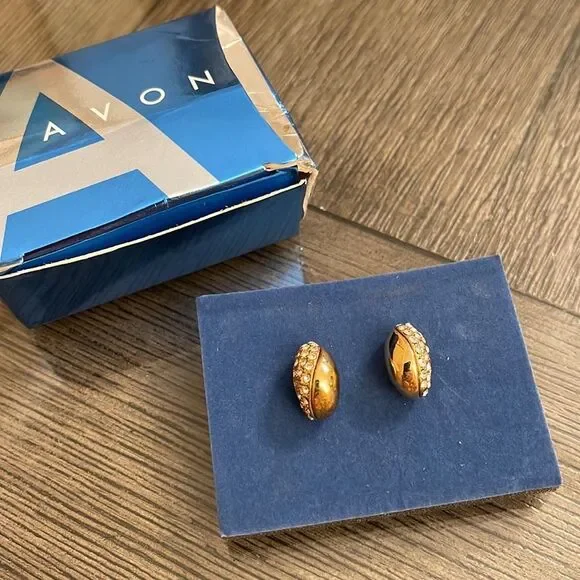 Avon Pave Swirl Earrings, Gold-tone Huggie Hoops with Rhinestones