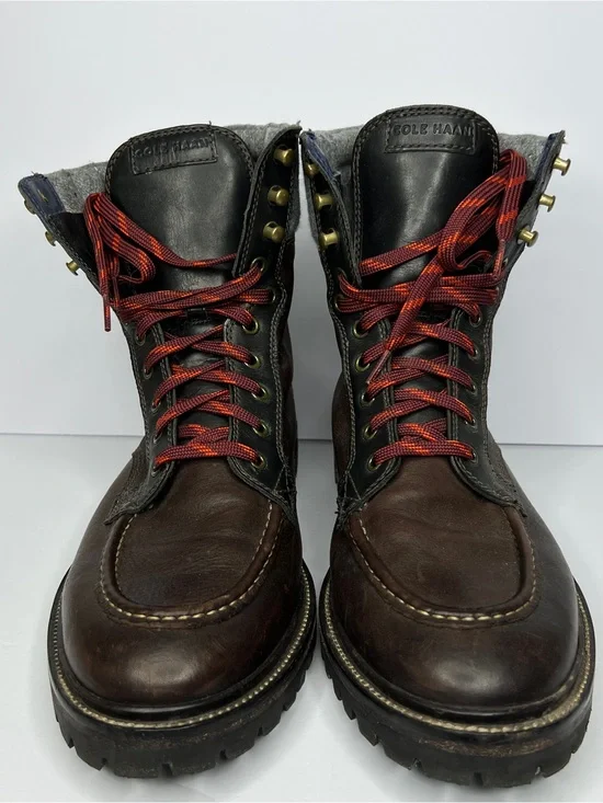 Cole Haan Judson Tall Winter Boots Brown Leather Grey Wool 10M EUC