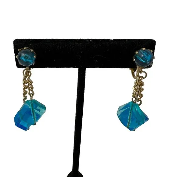 Vintage Earrings Blue Drop Bead Clip On Made‎ in Hong Kong