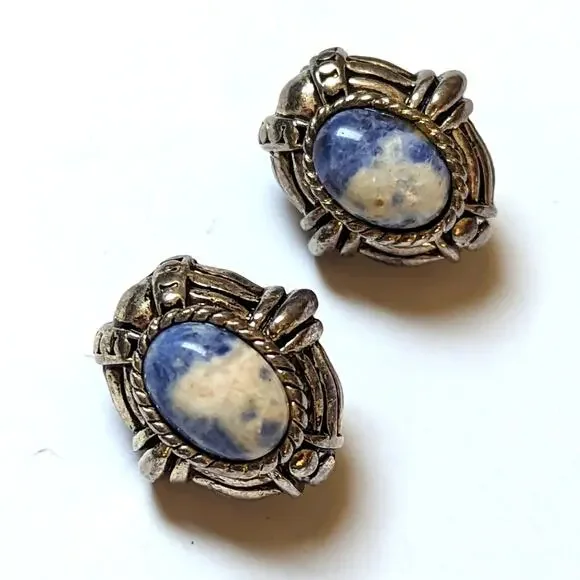 Vintage Silver Tone Brutalist Sodalite Cabochon Textured Clip On Earrings
