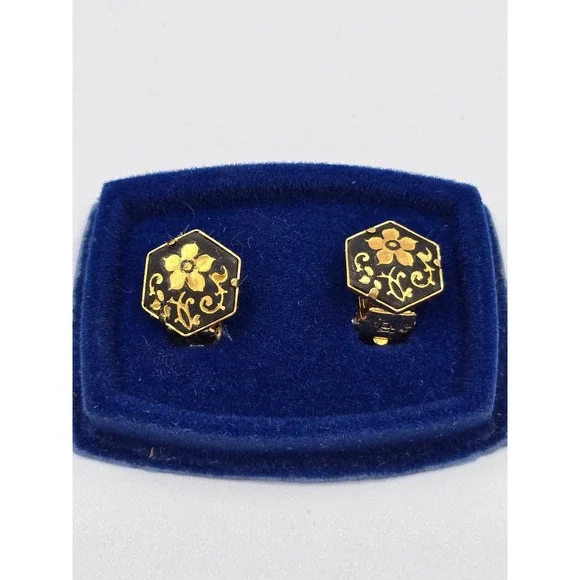 Vintage‎ Damascene Black GoldFloral Hexagon Clip-On Earrings Gold Tone Metal