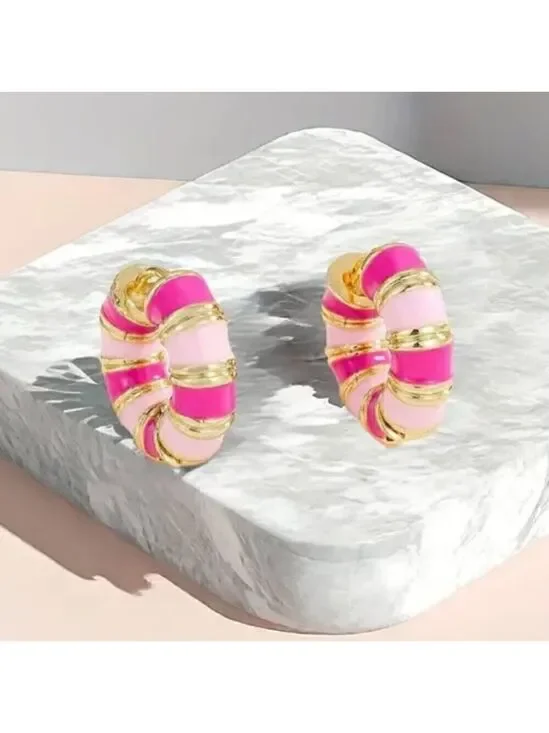 Pink Enamel Huggie Earrnings Medium Hoop #1344