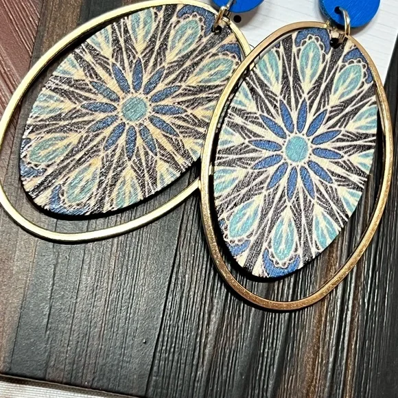 Artistic Wood Blue and Gold Mandala Earrings Artsy statement bohemian‎ coastal