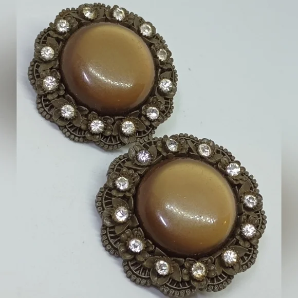 * vintage brown celluloid & moonglow clip on earrings