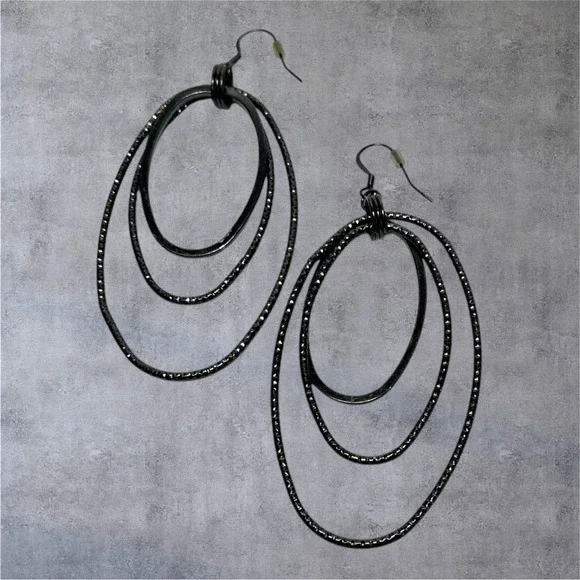 Black Triple Hoop Dangle Earrings Layered Gunmetal Boho Statement‎