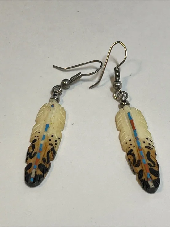 Hand-Painted Carved Feather Dangle Earrings w/ Beads Native Style