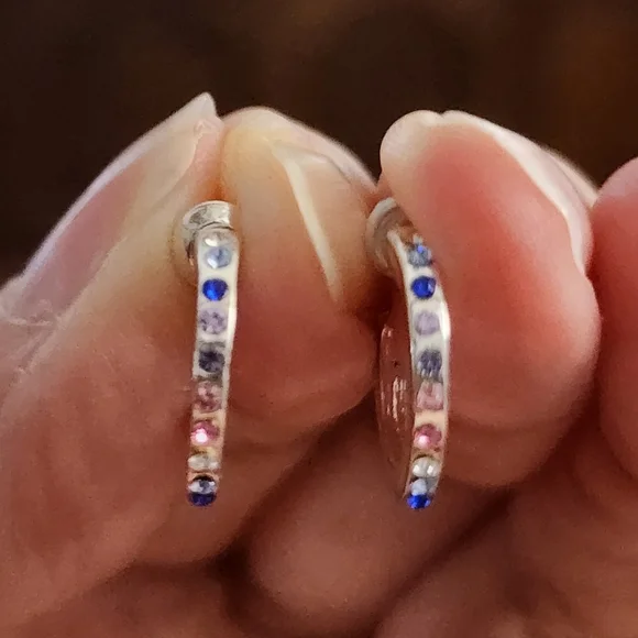 Silvertone Blue and Pink Huggie Earrings