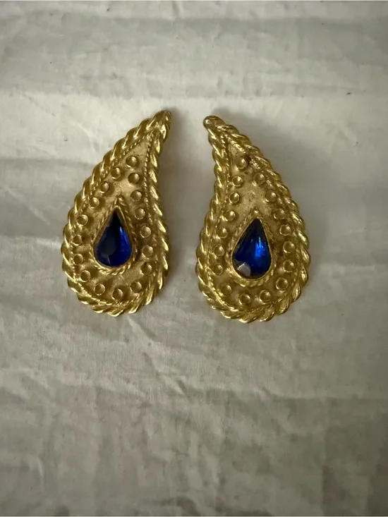 Gold-Tone Teardrop Earrings with Deep Blue Stone