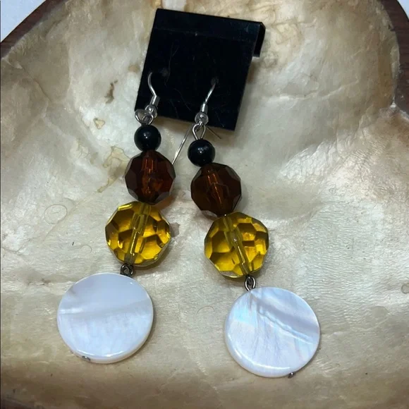 Elegant Glass & mother of‎ Pearl& Brown Dangle Earrings