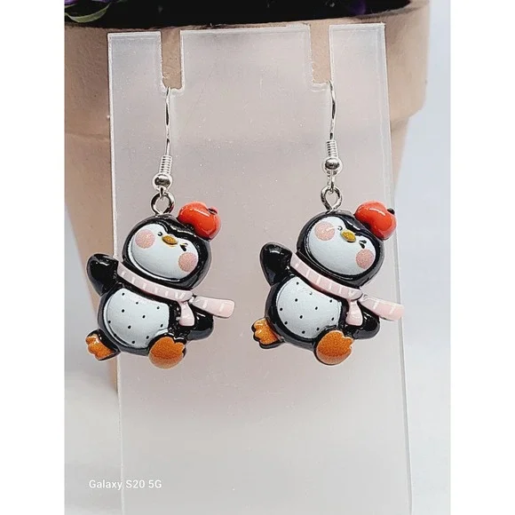 Penguin with Red Beret and‎ Scarf Winter Drop Earrings Silver Tone Hooks NEW