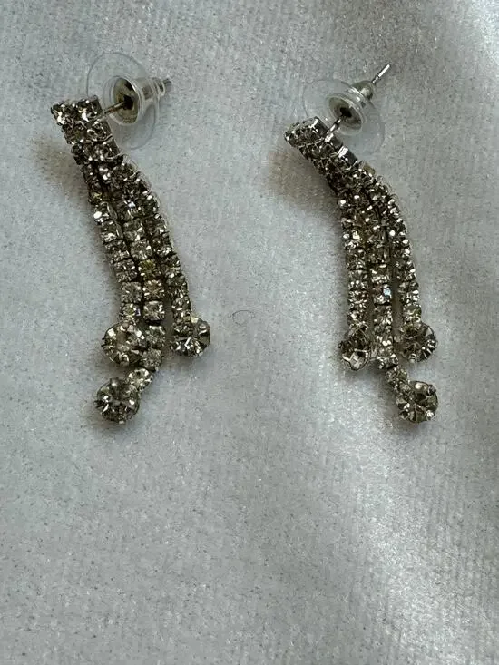 Vintage Clear Rhinestone Dangle Post Earrings Silver Tone Fringe 1.5