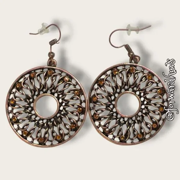 Bundle Sale 3 for $15 | Dark Copper Dangle Earrings with Orange Rhinestones