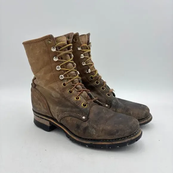 Vintage USA Leather Logger Work Boots Brown Stitchdown Goodyear Lug Sole 8.5