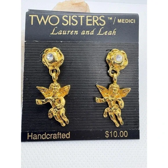 Vintage 90s‎ Two Sisters Medici Gold Tone Cherub Drop Earrings Rhinestone Cupid