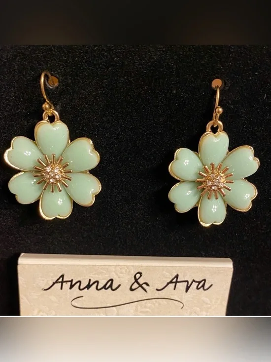 Anna & Ava Mint Green Floral Drop Earrings Gold Tone Rhinestone Enamel Blossom