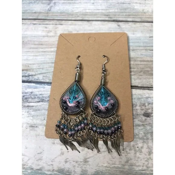 Boho‎ Drop Dangle Beads Teardrop Silver Tone Pink Blue