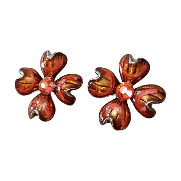 Vintage Chicos Orange Enamel Rhinestone Flower Earrings
