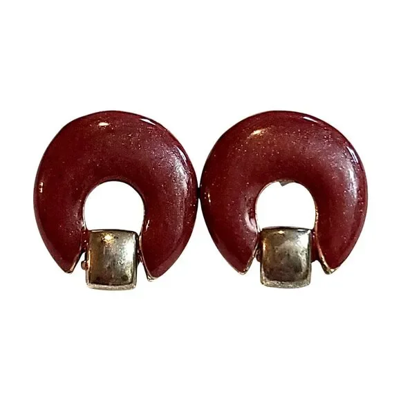 Vintage 80's Maroon Silver Tone Enamel Doorknocker Dangle Earrings