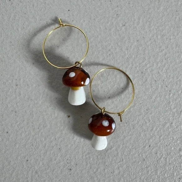 Glass‎ Mushroom Gold Hoop Earrings