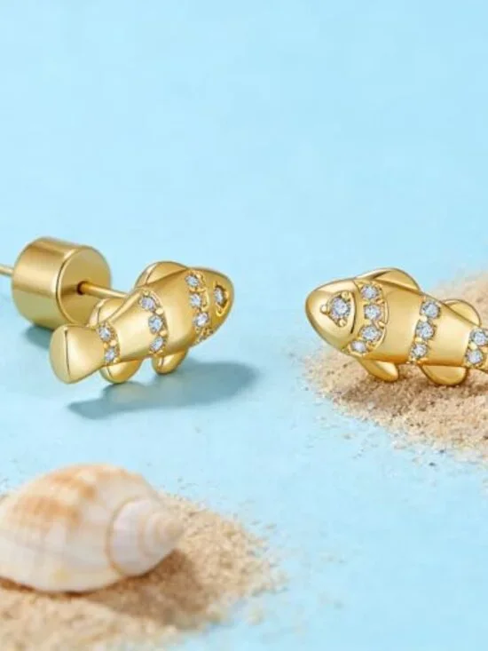 New - Dainty Stud Earrings for‎ Women 14K Gold Plated Trendy Fish Studs Cubic