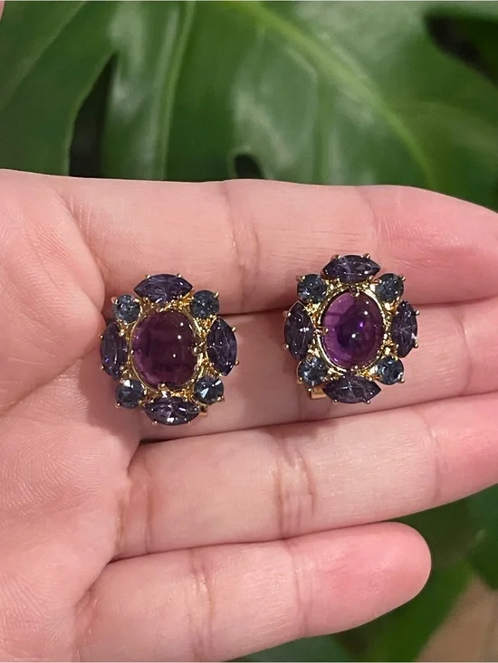 Gold-Tone Purple Stone Cluster Stud Earrings