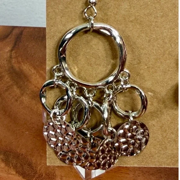 Silver Tone Chandelier‎ Earrings Dangling Circles Geometric Textured Coins