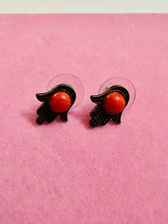 Red Stone Hamsa Hand Stud Earrings