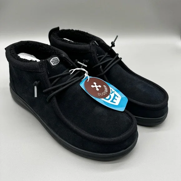 Hey Dude Wally Mid Gripr Warmth Shoes Mens 10 Black Suede Faux Fur Lined‎ NEW