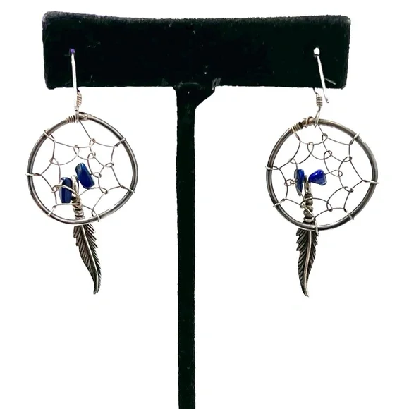 STERLING SILVER AND LAPIS CHIPS DREAM CATCHER EARRINGS
