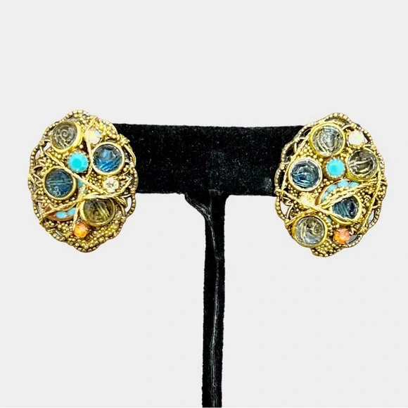 VINTAGE BLUE & TURQUOISE CRYSTAL & MIXED MEDIA ARTISTIC EARRINGS