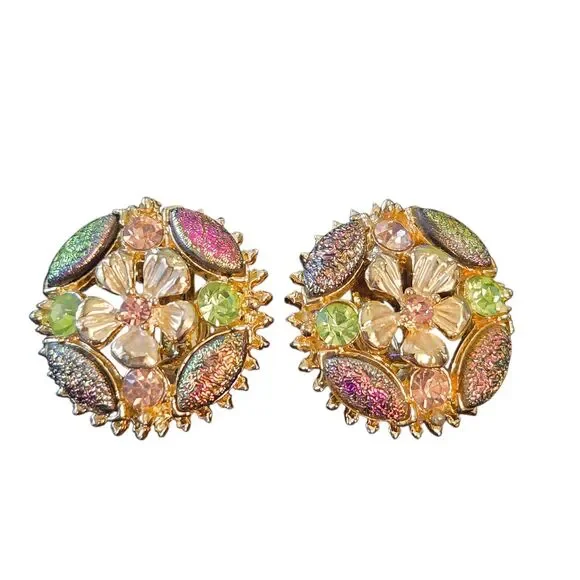 Florenza Signed VTG Iridescent Lava Rock & Uranium Crystal Clip On Earrings 1