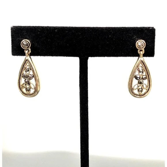 Victorian Style Filigree Teardrop‎ Earrings Gold Tone Faux Marcasite
