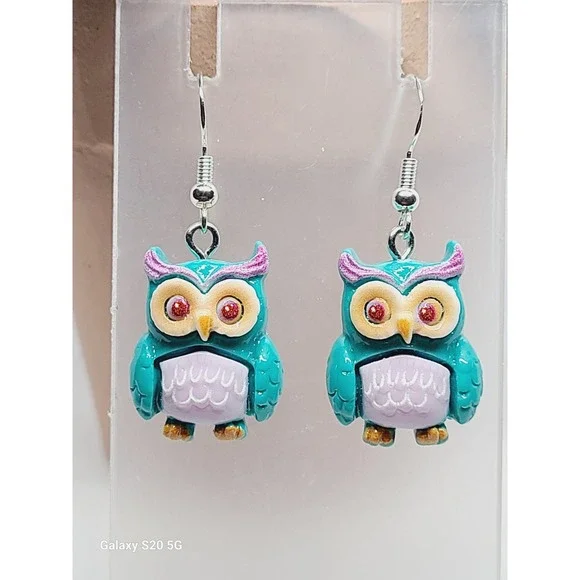 Teal Owl‎ Drop Earrings Hand Painted Whimsical Bird Jewelry Silver Tone Hooks