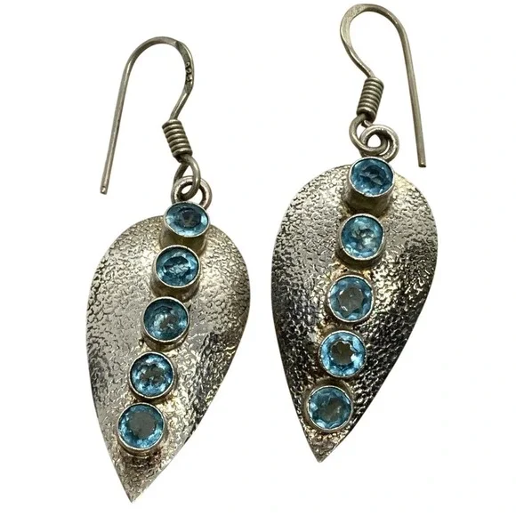 Vintage Round Blue Cubic Zirconia Dangle Drop Earrings Sterling 925‎ Silver 6.1g