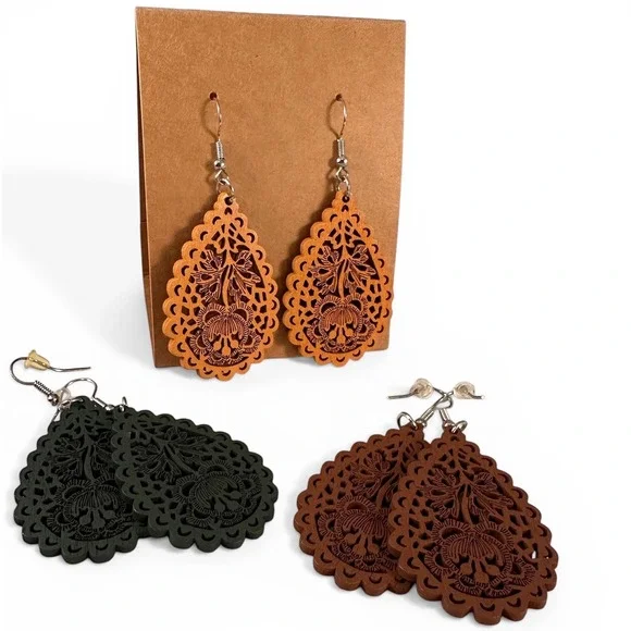 Unbranded Wooden Teardrop Earrings Womens‎ OS Multi Color NEW 3 Pair Floral Boho