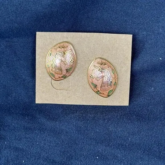 CLIP-ON Vintage 1980’s‎ Unicorn Horse Earrings Retro Bronze Green Antique