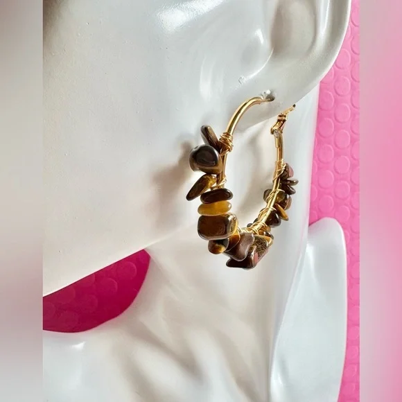 New Natural Golden Tiger Eye, Tiger Iron, Hematite Gold Tone Hoop Earrings - 2”