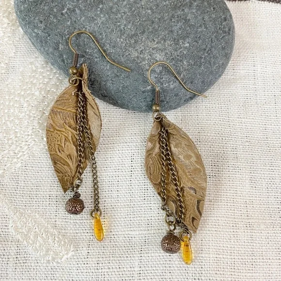 Leather Earrings Orange Glass Bead and‎ chains