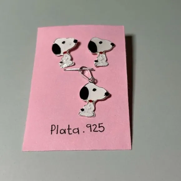 Snoopy Set 925 Sterling Silver Pendant and Earring Set